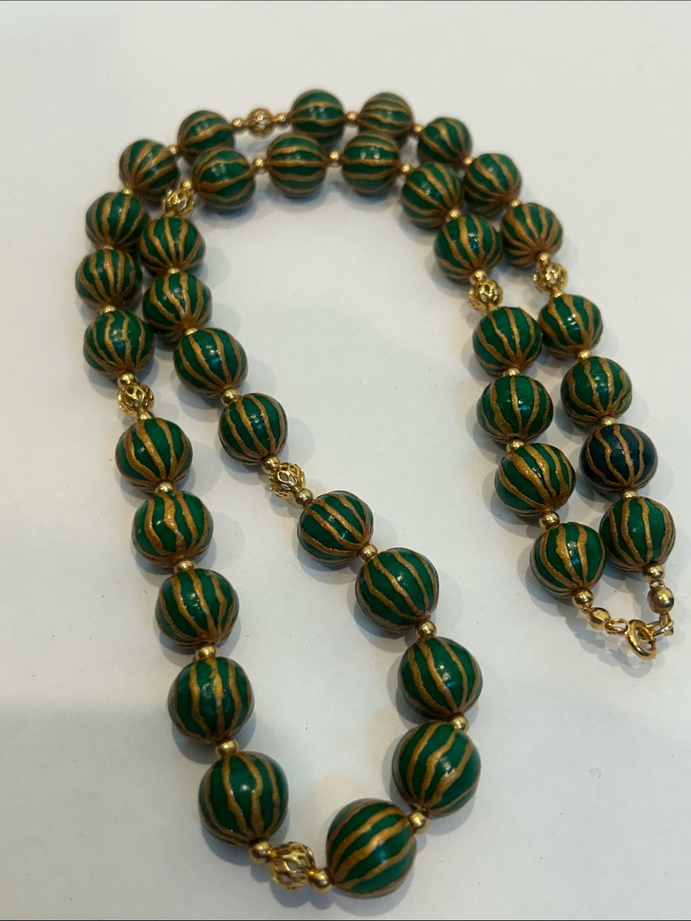 Vintage Green Gold whimsical goth hand painted Beaded layering Necklace o/s